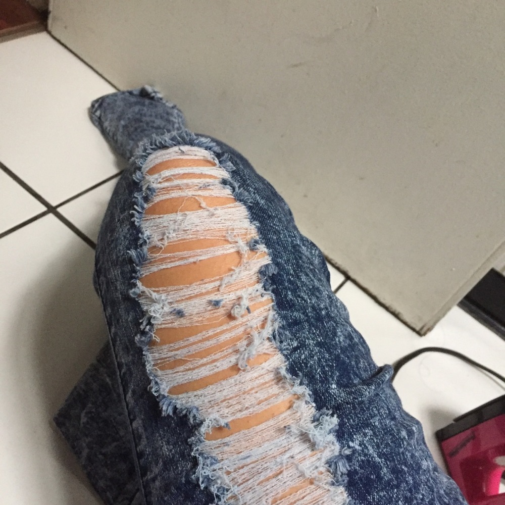 Mixed denim ripped pants